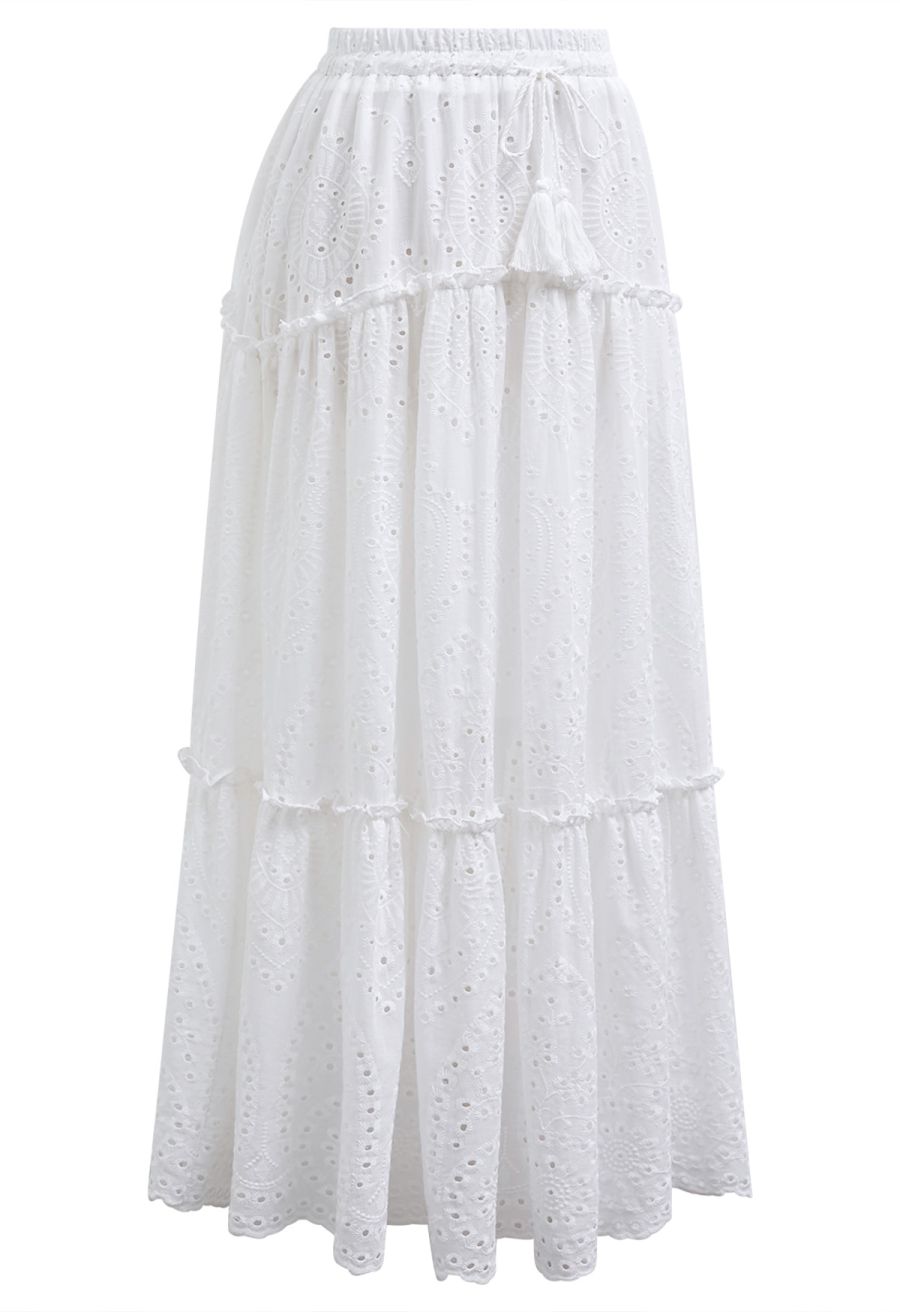 Eyelet Embroidery Tassel String Maxi Skirt in White