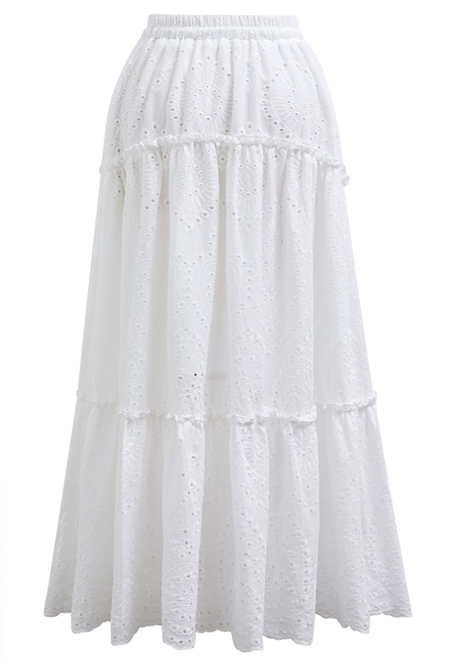 Eyelet Embroidery Tassel String Maxi Skirt in White