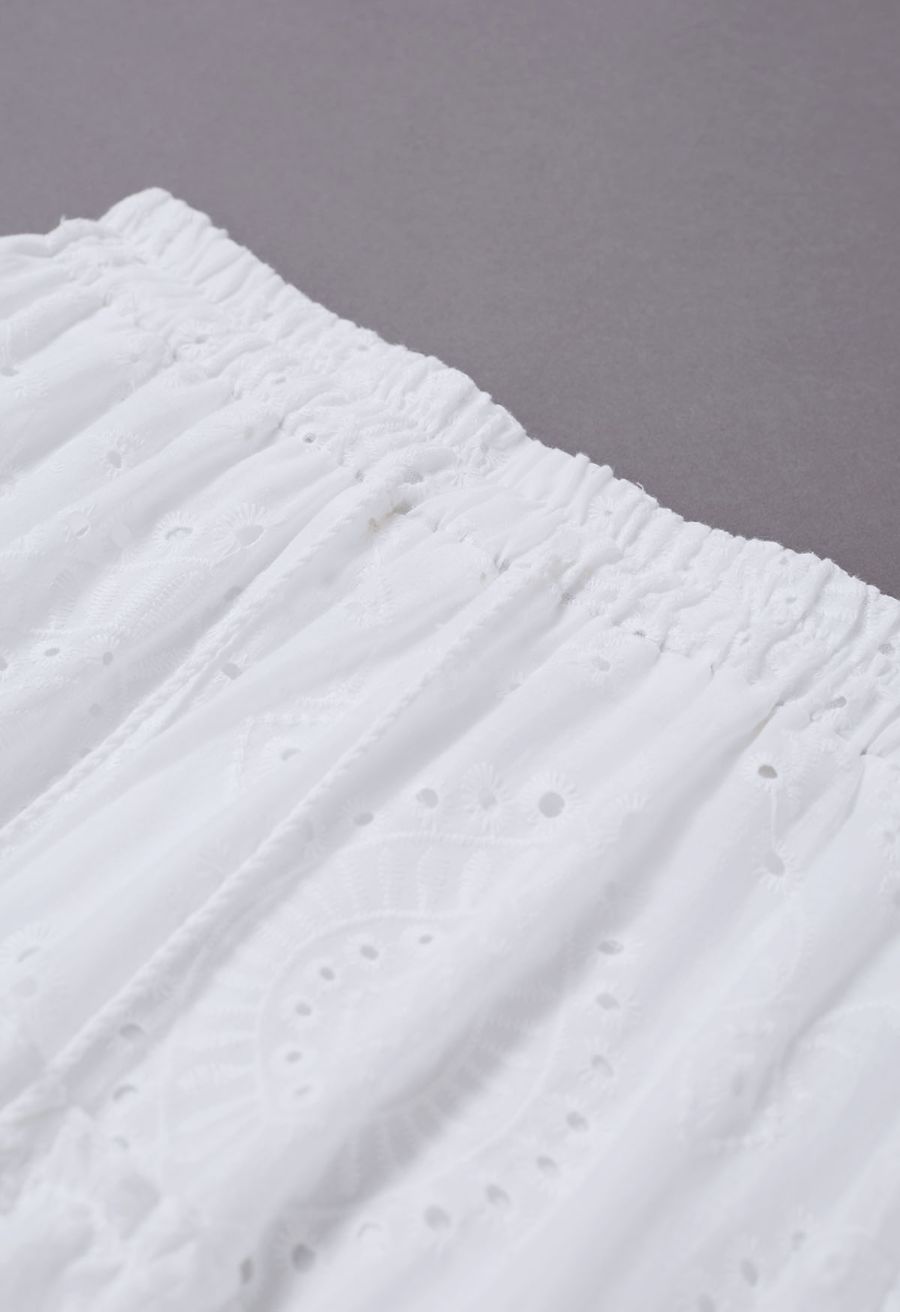 Eyelet Embroidery Tassel String Maxi Skirt in White