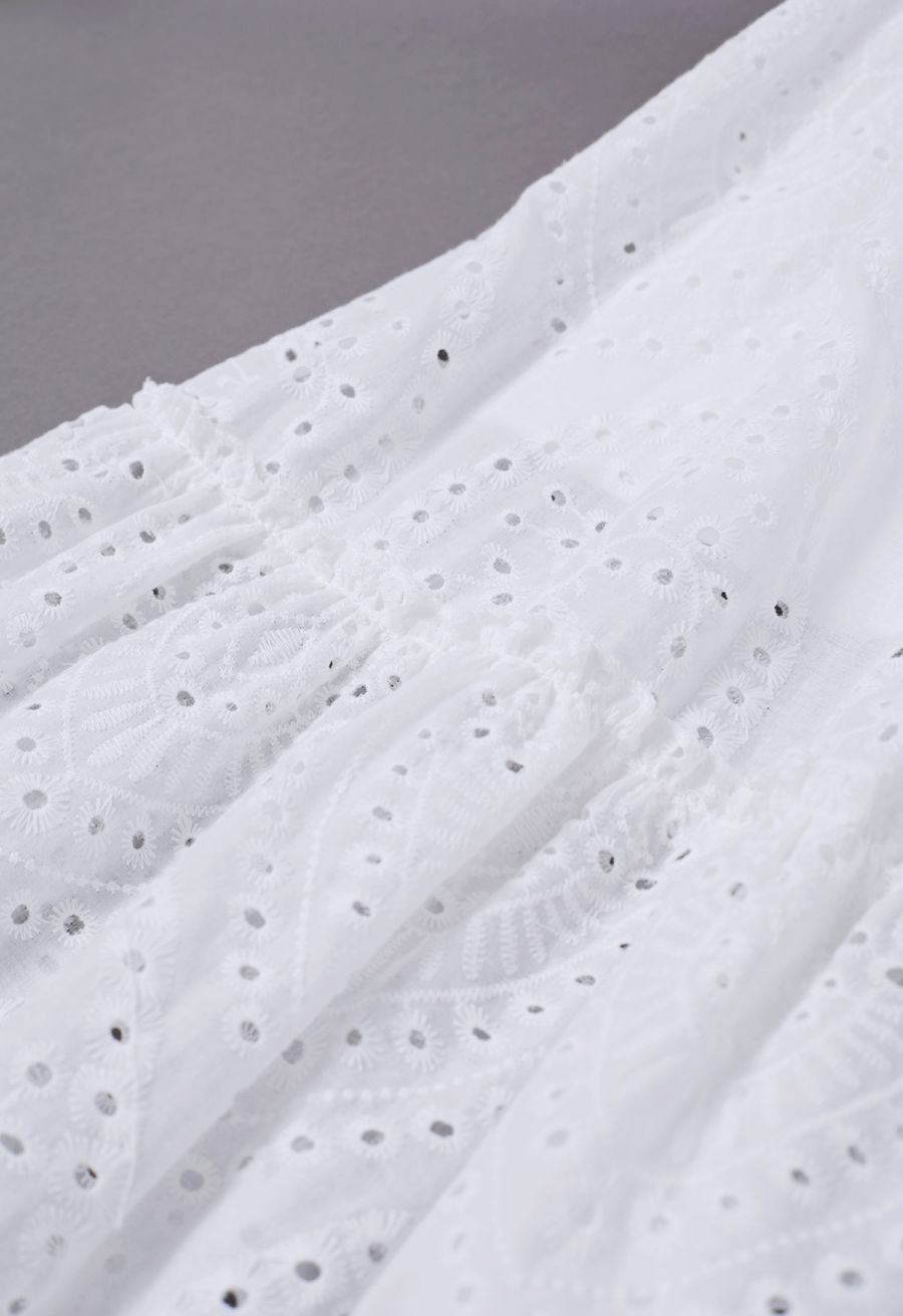 Eyelet Embroidery Tassel String Maxi Skirt in White
