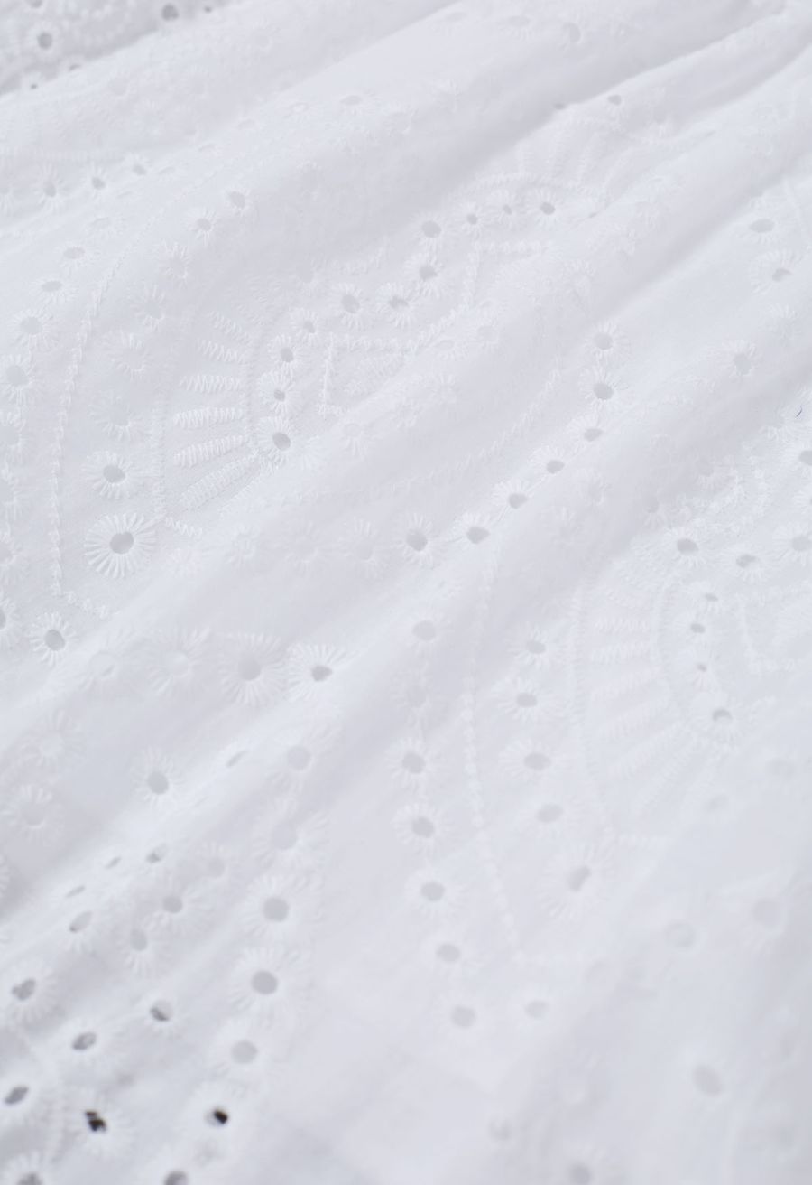 Eyelet Embroidery Tassel String Maxi Skirt in White