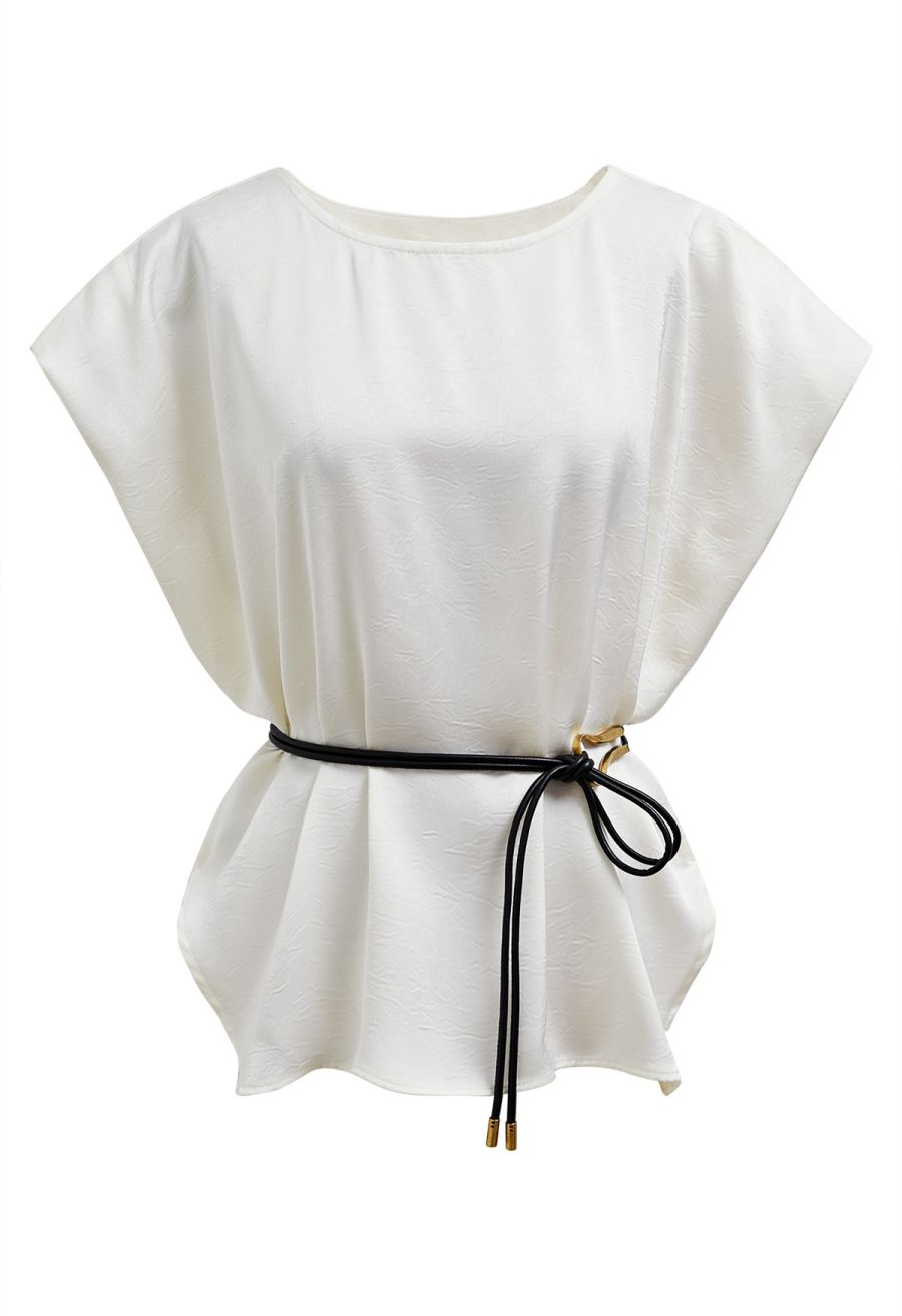 Tie-String Batwing Sleeve Texture Satin Top in Cream