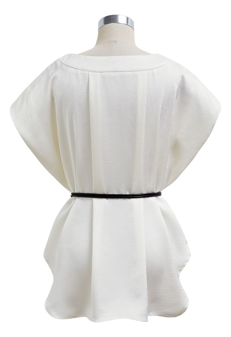 Tie-String Batwing Sleeve Texture Satin Top in Cream