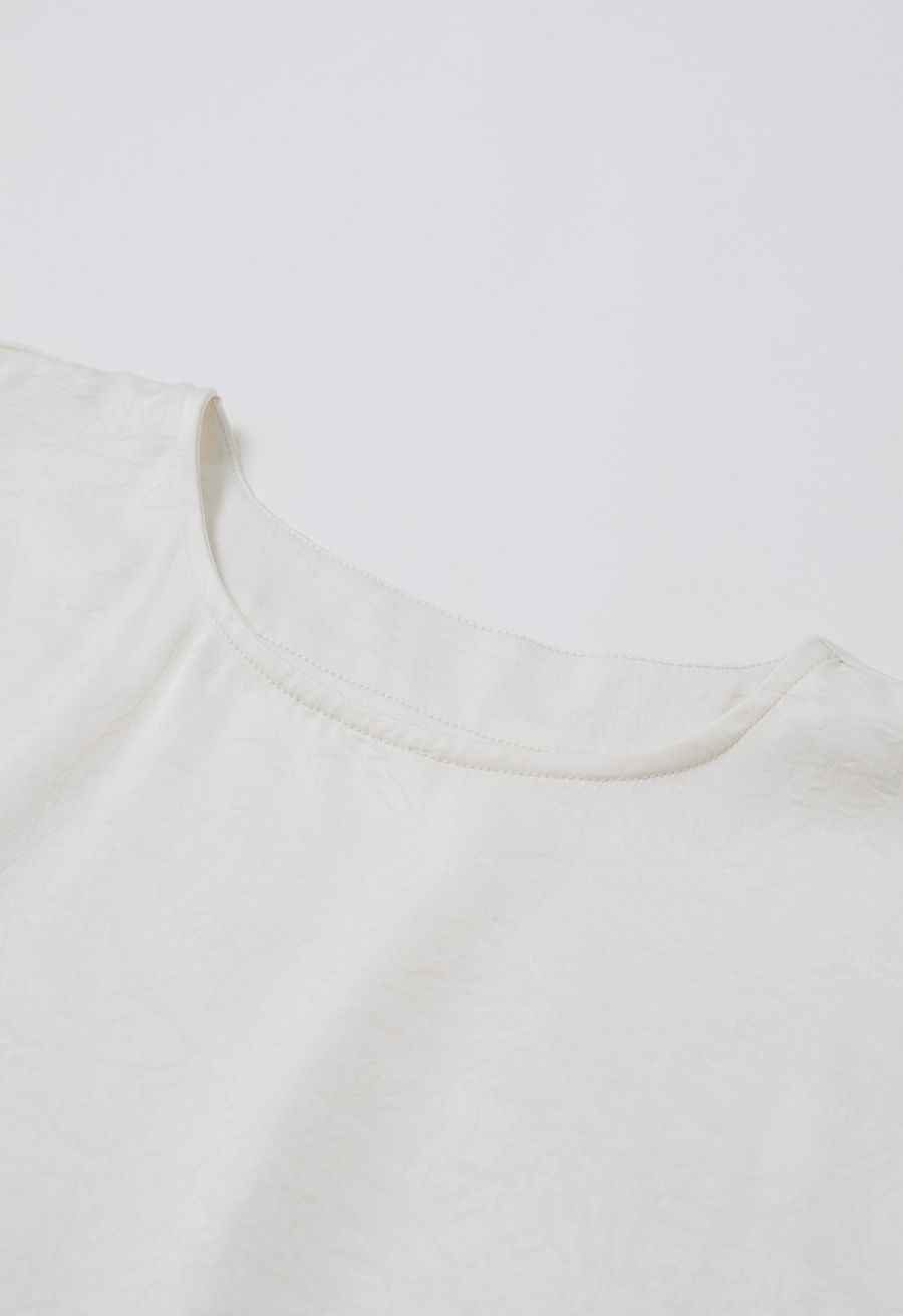 Tie-String Batwing Sleeve Texture Satin Top in Cream