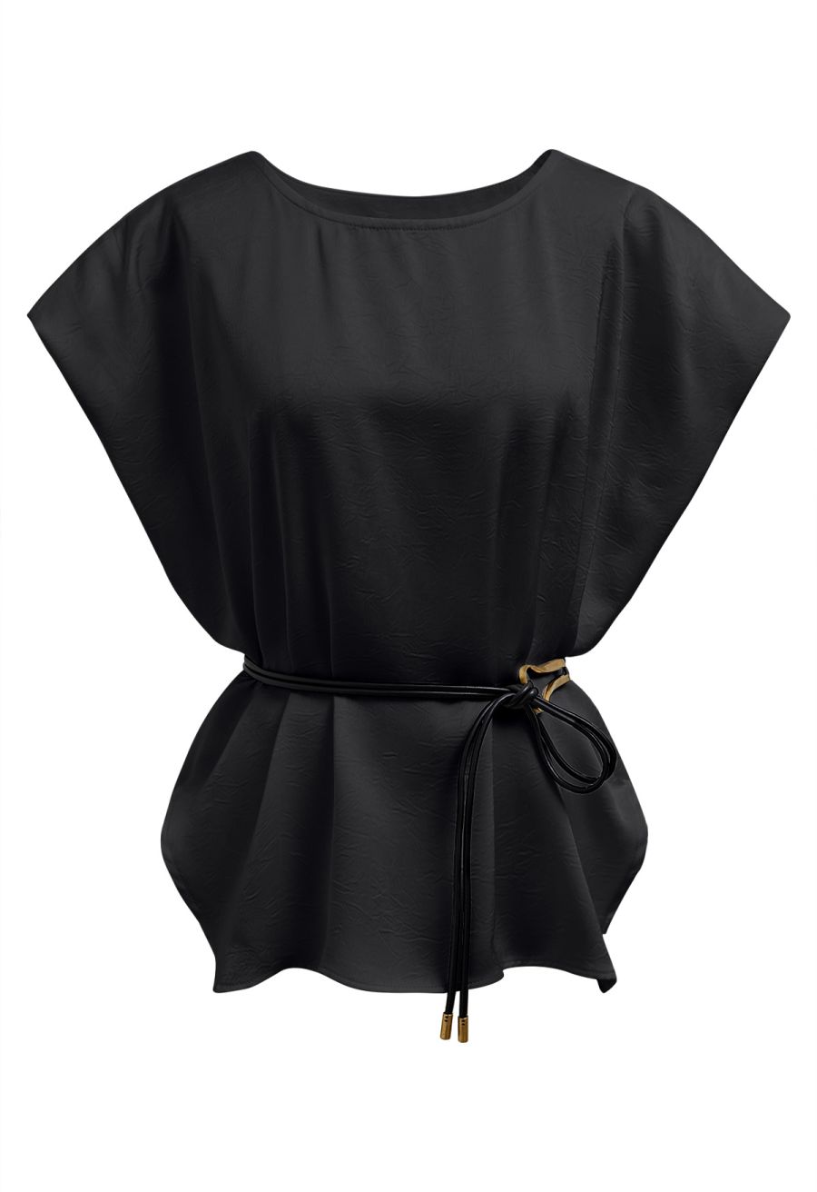 Tie-String Batwing Sleeve Texture Satin Top in Black