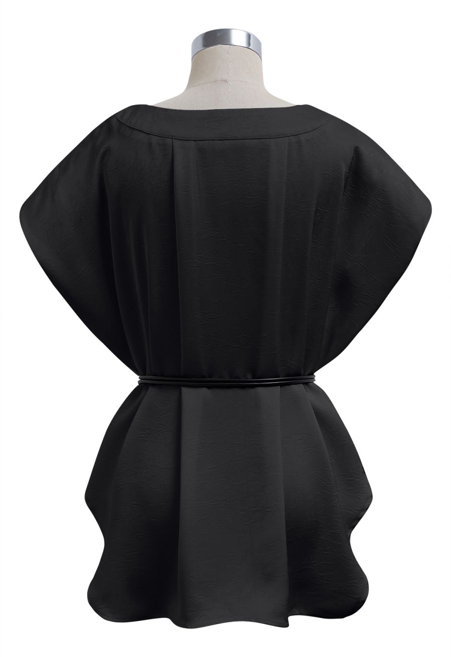 Tie-String Batwing Sleeve Texture Satin Top in Black