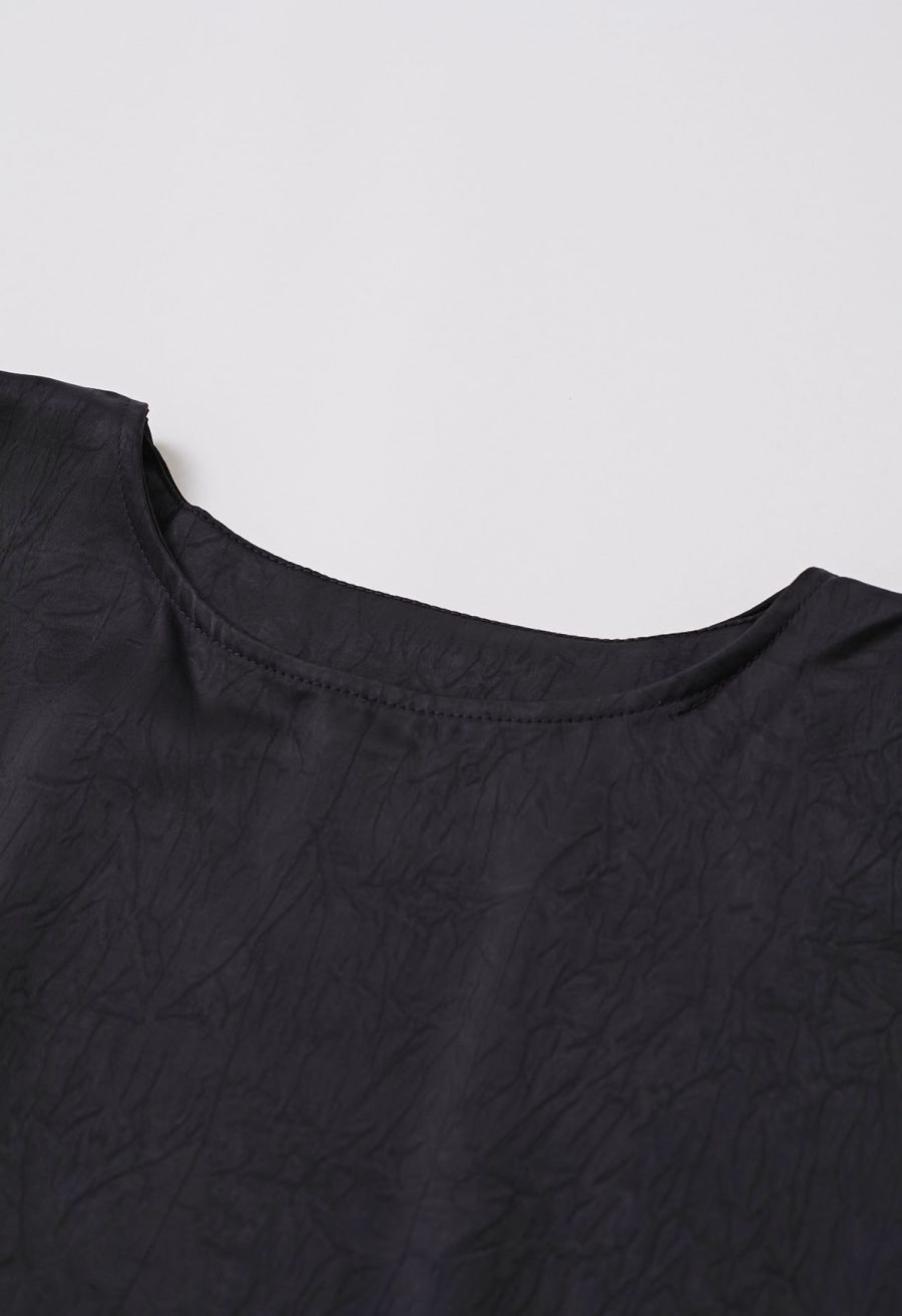 Tie-String Batwing Sleeve Texture Satin Top in Black