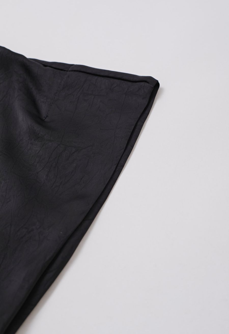 Tie-String Batwing Sleeve Texture Satin Top in Black