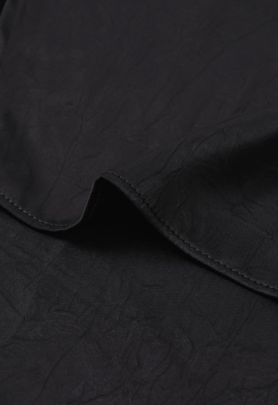 Tie-String Batwing Sleeve Texture Satin Top in Black