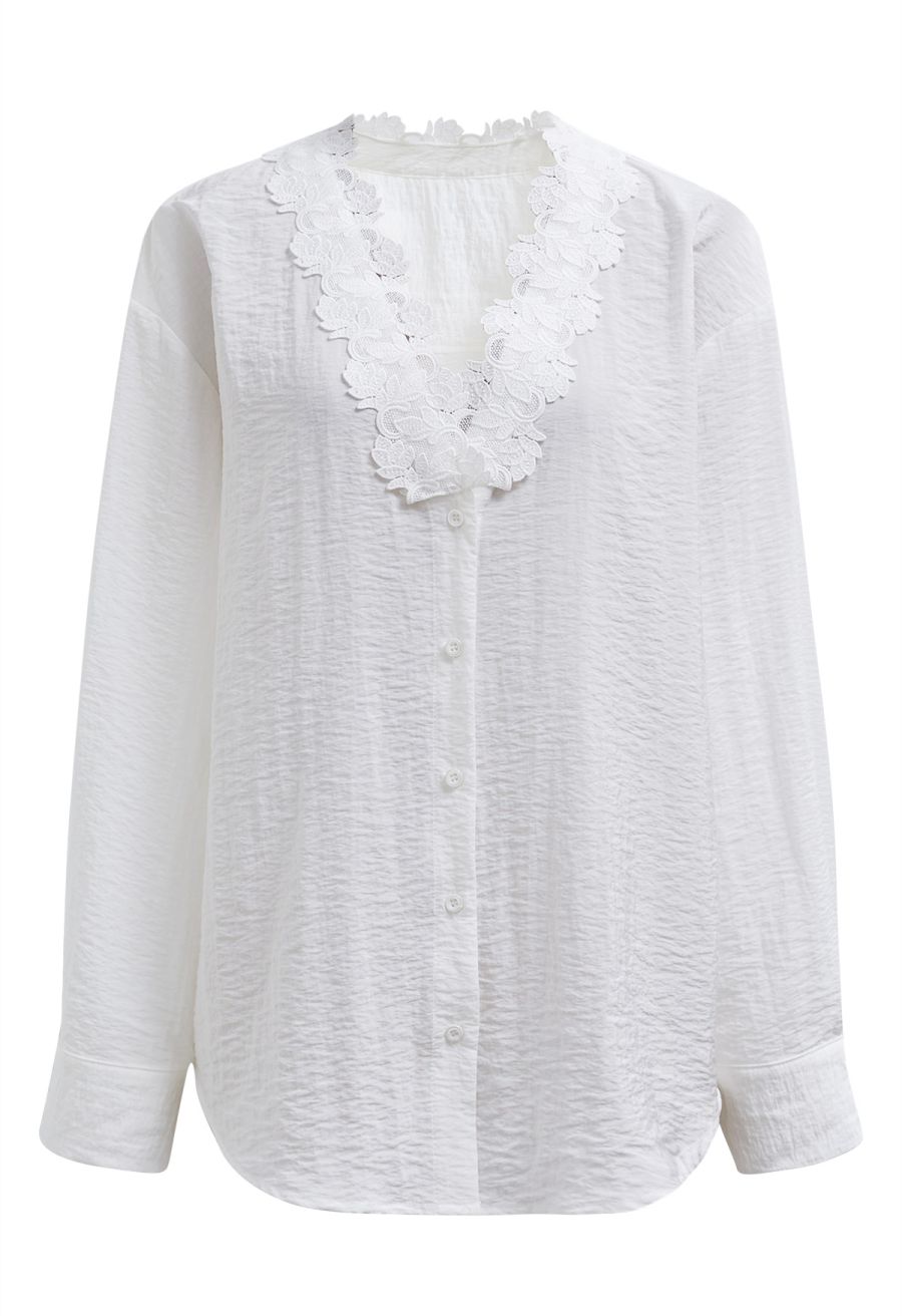 Lace Crochet Trim V-Neck Buttoned Shirt