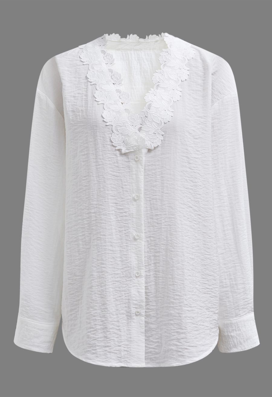 Lace Crochet Trim V-Neck Buttoned Shirt
