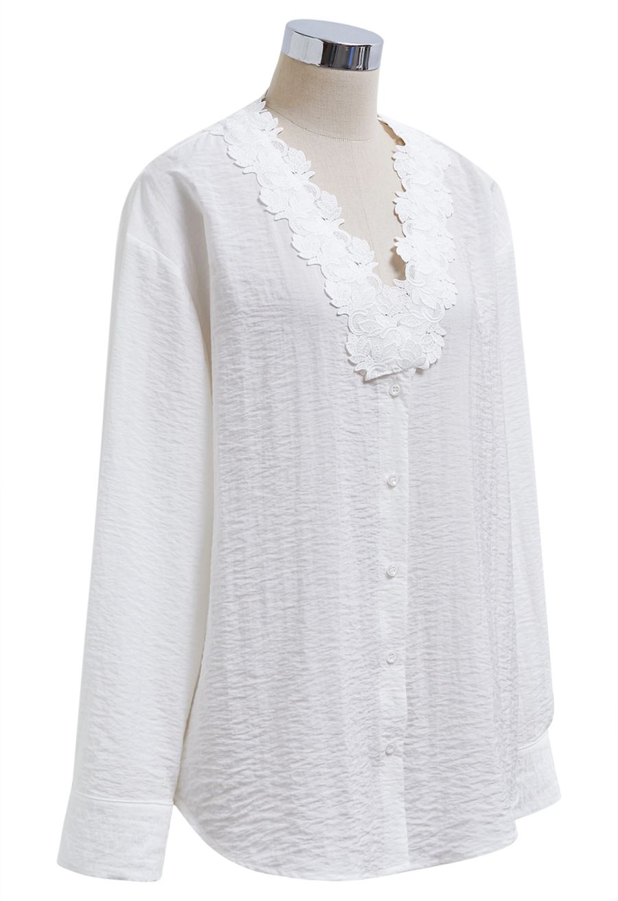 Lace Crochet Trim V-Neck Buttoned Shirt