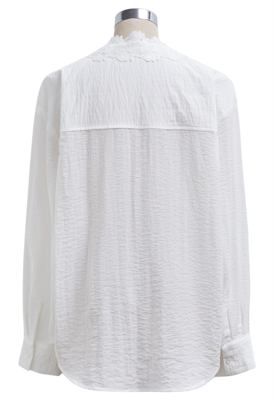 Lace Crochet Trim V-Neck Buttoned Shirt