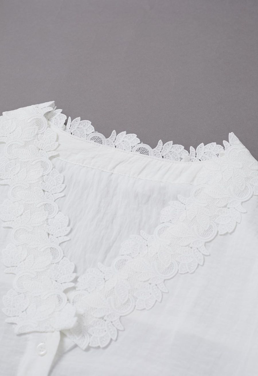 Lace Crochet Trim V-Neck Buttoned Shirt