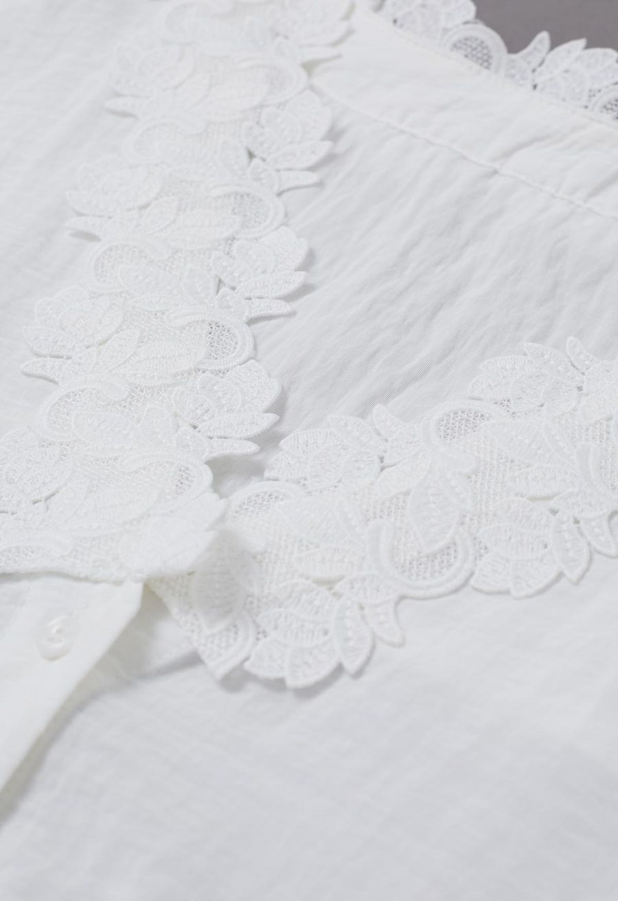 Lace Crochet Trim V-Neck Buttoned Shirt