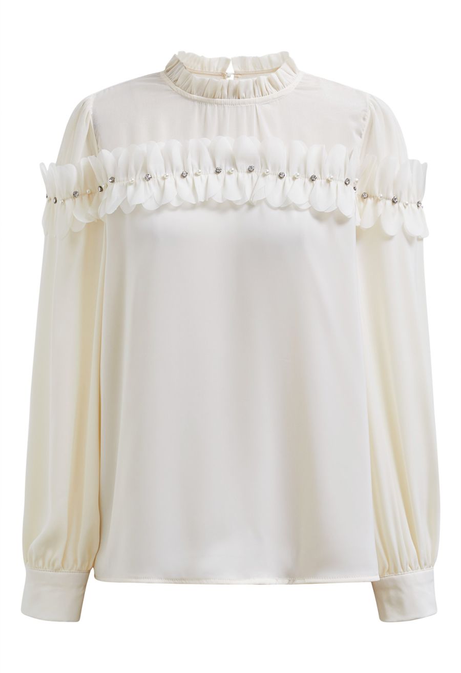 Rhinestone 3D Flowers Organza Spliced Satin Top in Cream