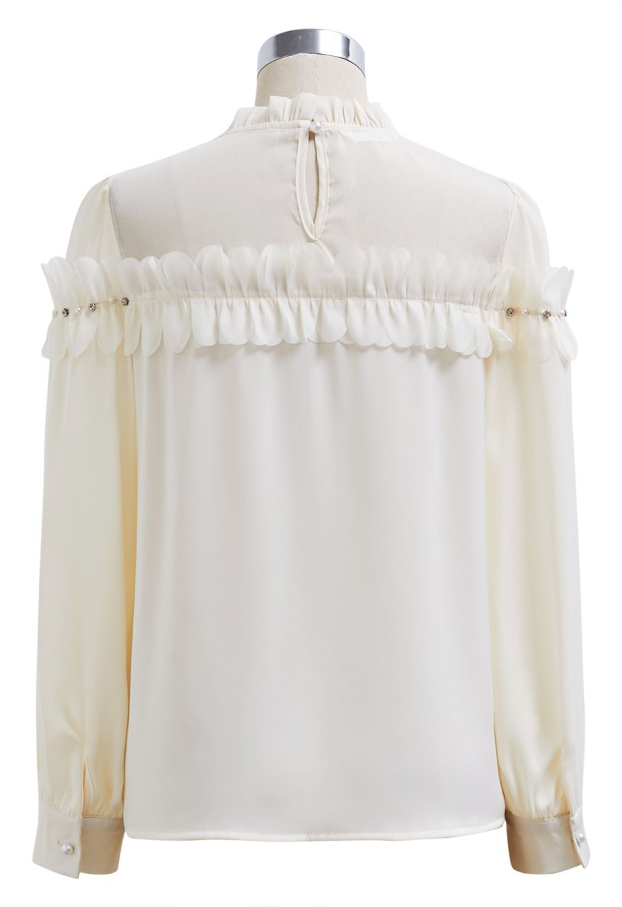 Rhinestone 3D Flowers Organza Spliced Satin Top in Cream