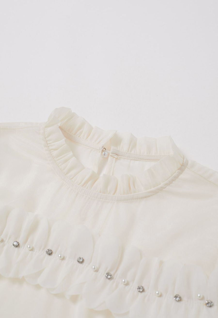 Rhinestone 3D Flowers Organza Spliced Satin Top in Cream