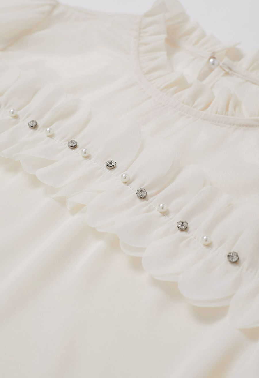 Rhinestone 3D Flowers Organza Spliced Satin Top in Cream