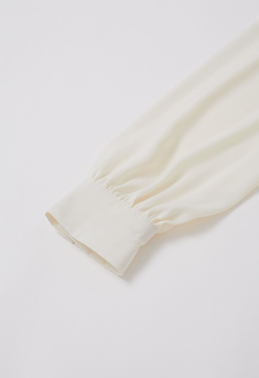 Rhinestone 3D Flowers Organza Spliced Satin Top in Cream