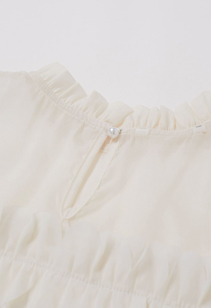 Rhinestone 3D Flowers Organza Spliced Satin Top in Cream