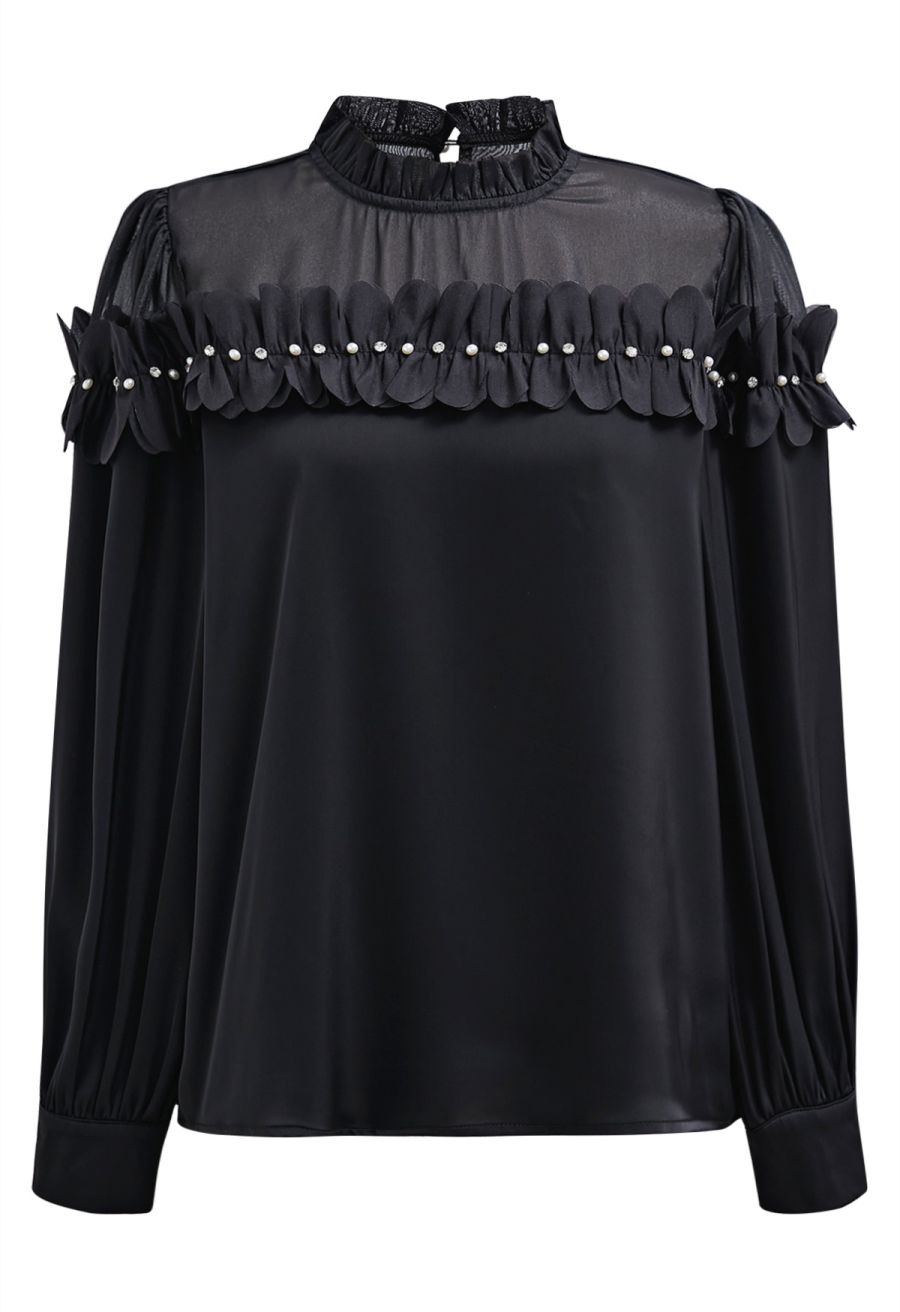 Rhinestone 3D Flowers Organza Spliced Satin Top in Black