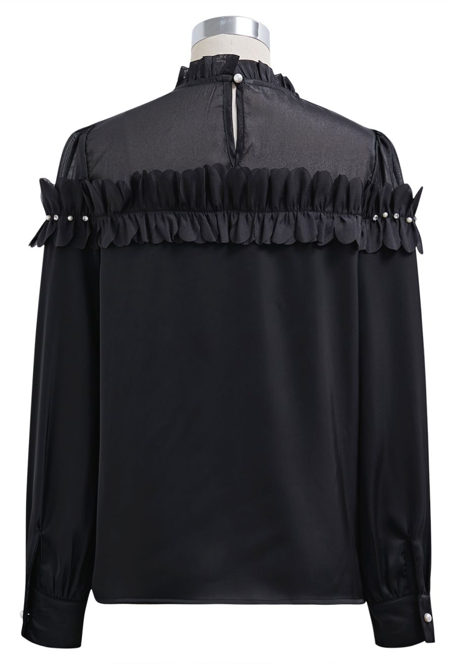 Rhinestone 3D Flowers Organza Spliced Satin Top in Black