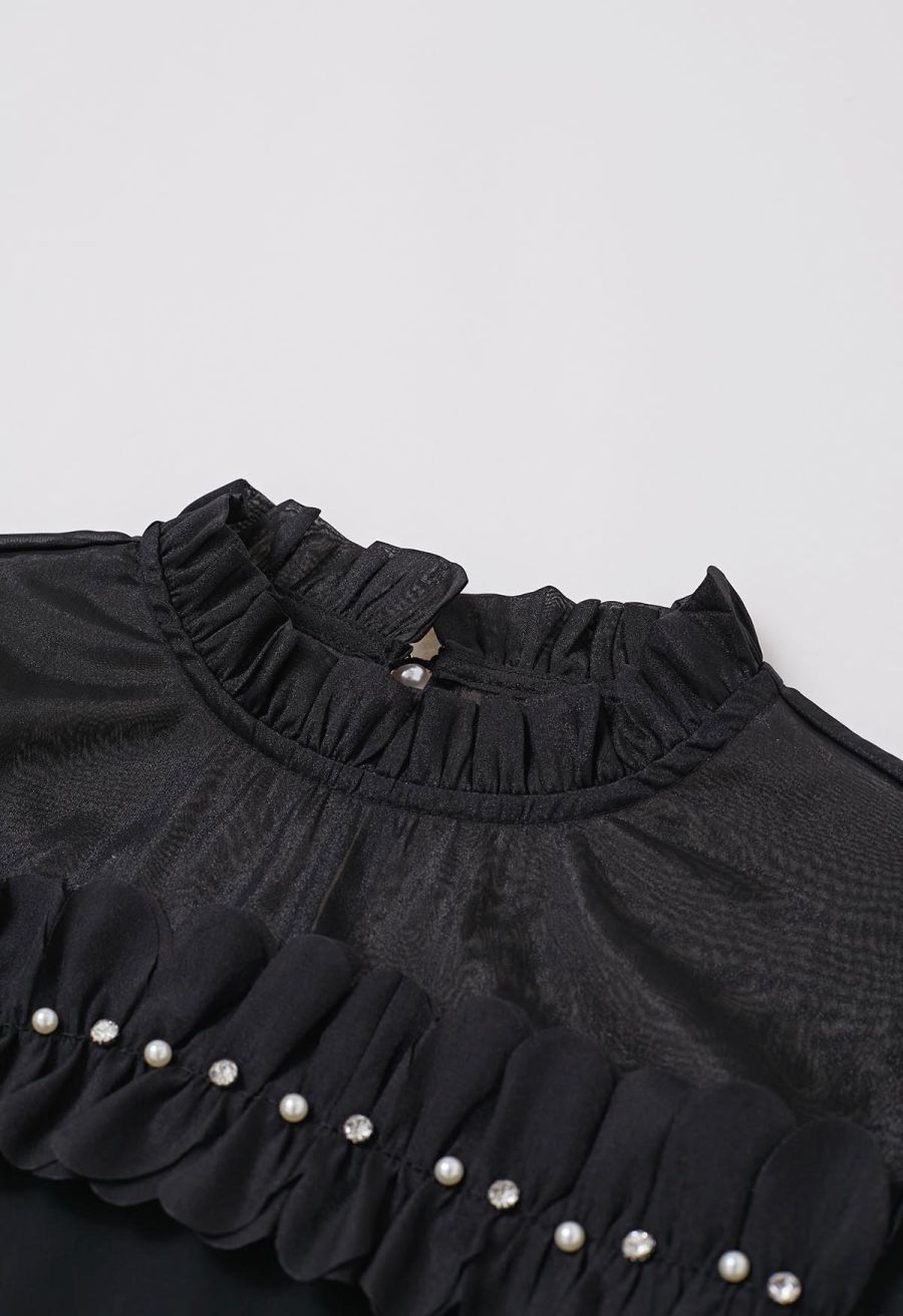 Rhinestone 3D Flowers Organza Spliced Satin Top in Black
