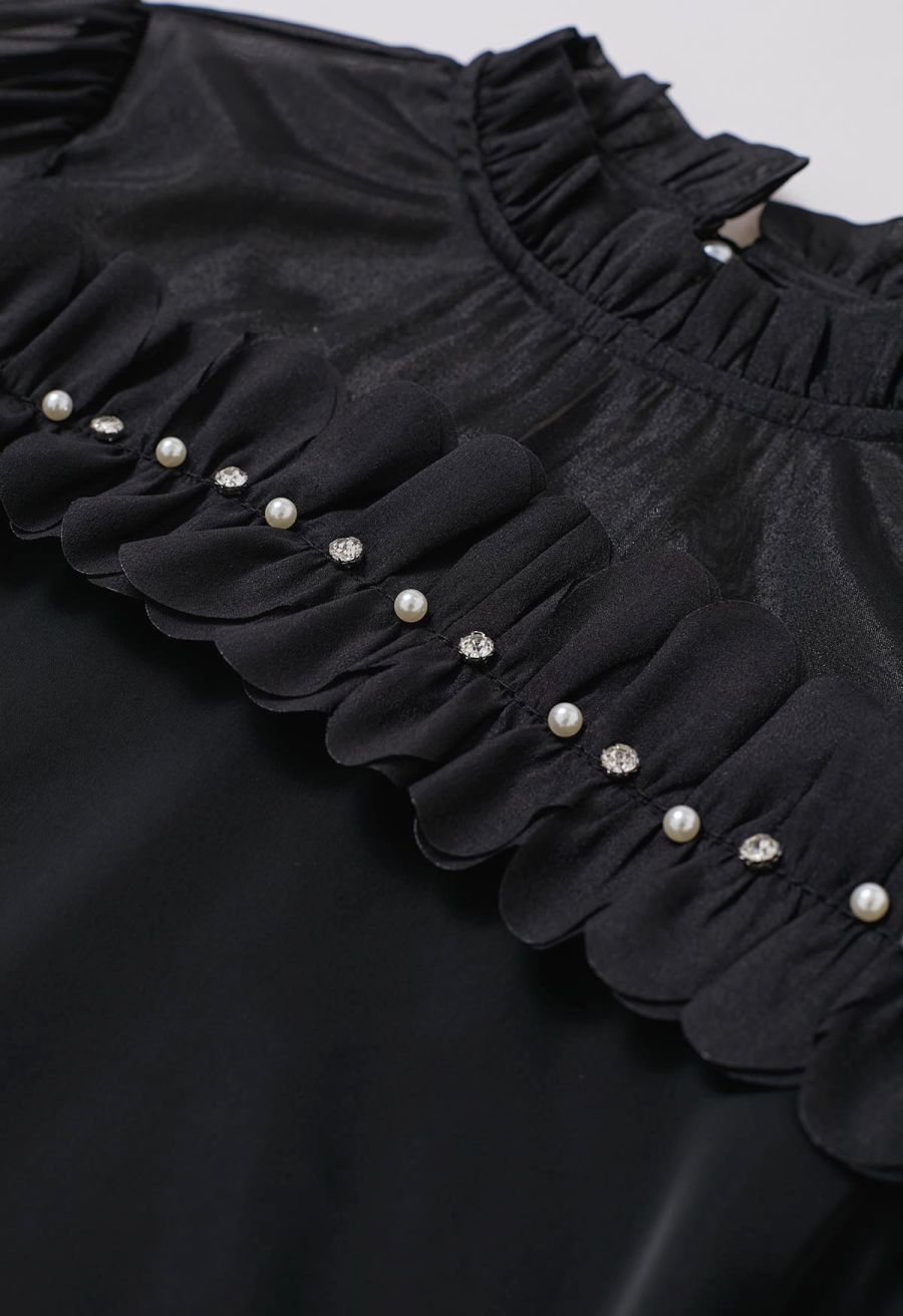 Rhinestone 3D Flowers Organza Spliced Satin Top in Black
