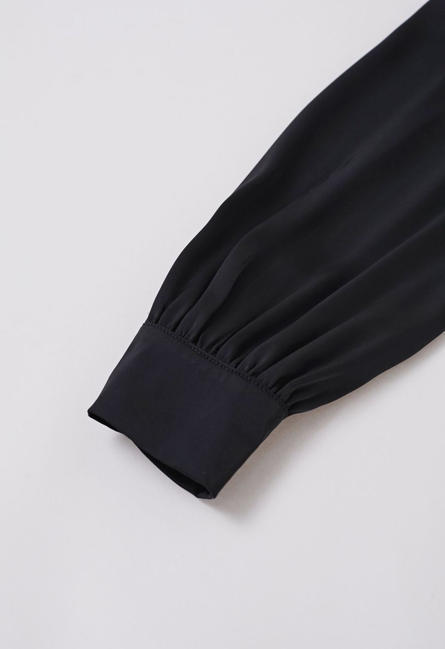 Rhinestone 3D Flowers Organza Spliced Satin Top in Black
