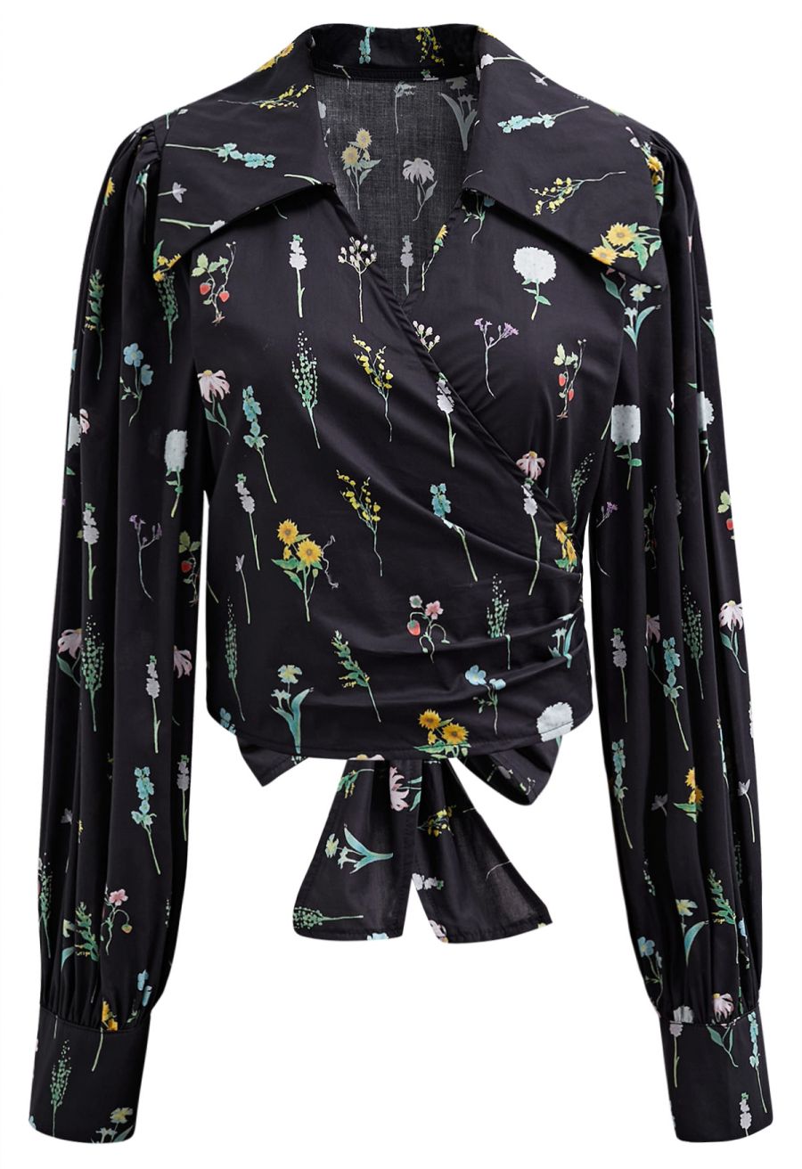 Botanical Garden Self-Tie Wrap Crop Shirt in Black