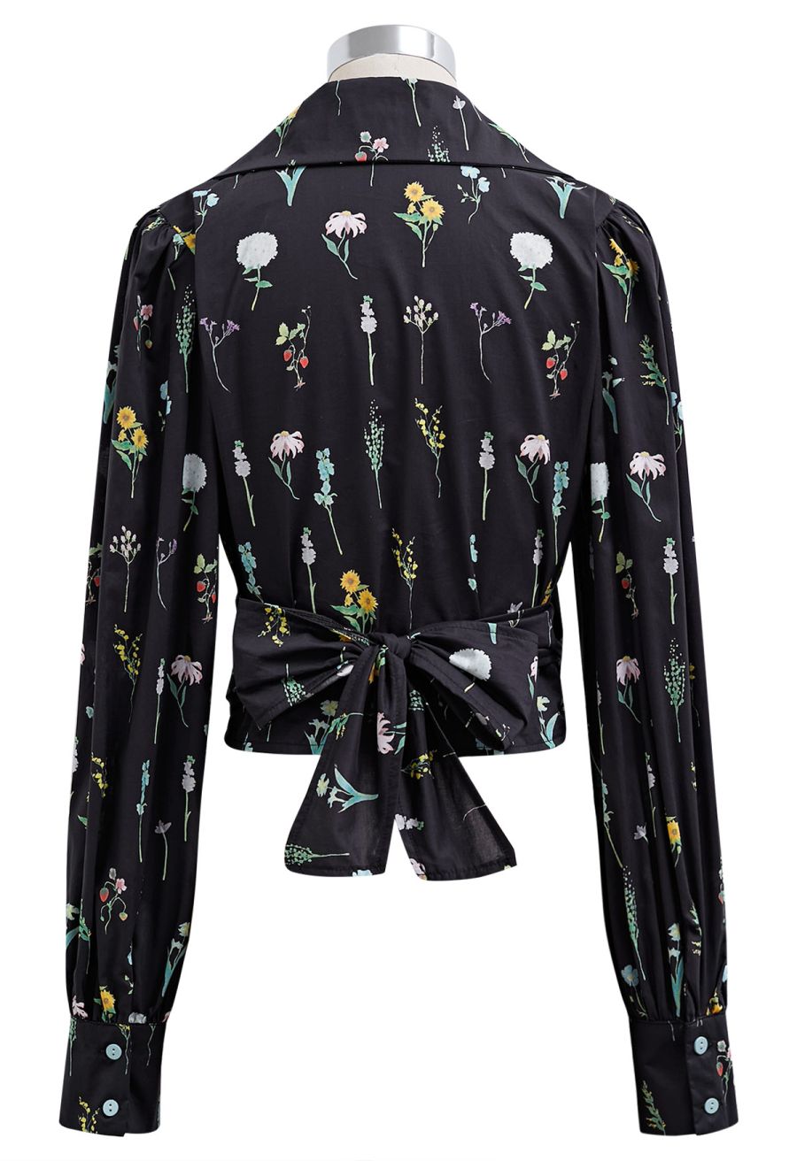 Botanical Garden Self-Tie Wrap Crop Shirt in Black