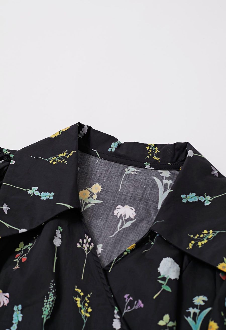 Botanical Garden Self-Tie Wrap Crop Shirt in Black