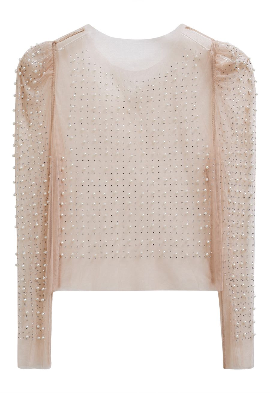 Puff Sleeve Pearl Embellished Sheer Mesh Crop Top in Tan
