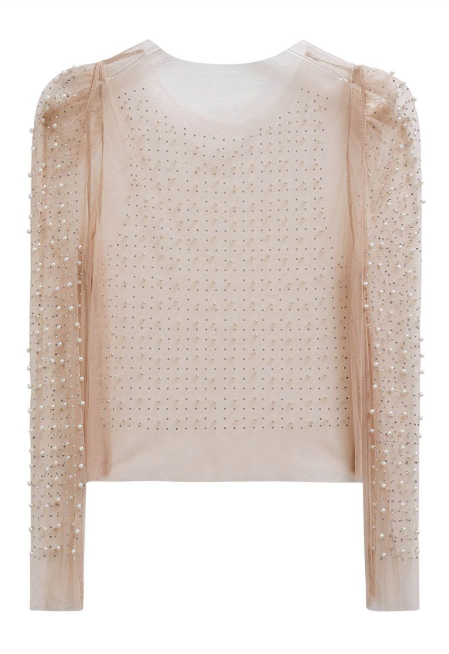 Puff Sleeve Pearl Embellished Sheer Mesh Crop Top in Tan