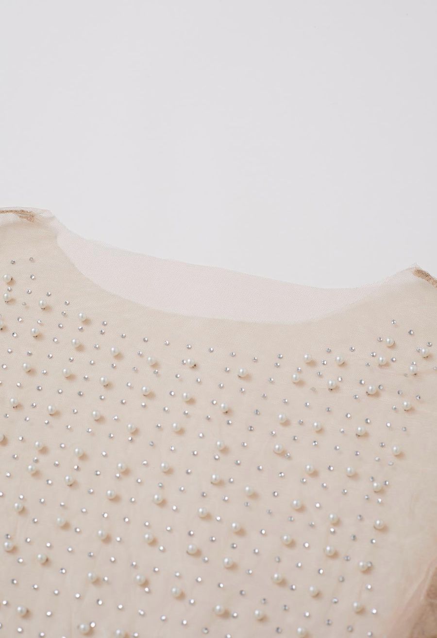 Puff Sleeve Pearl Embellished Sheer Mesh Crop Top in Tan