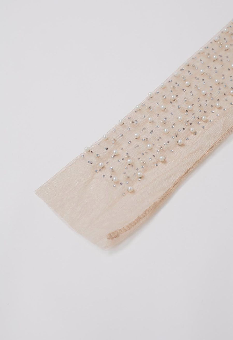 Puff Sleeve Pearl Embellished Sheer Mesh Crop Top in Tan