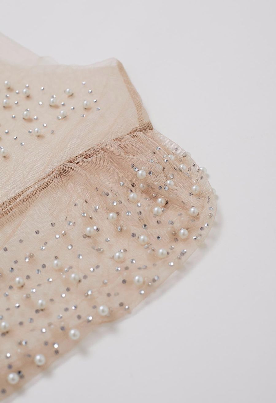 Puff Sleeve Pearl Embellished Sheer Mesh Crop Top in Tan