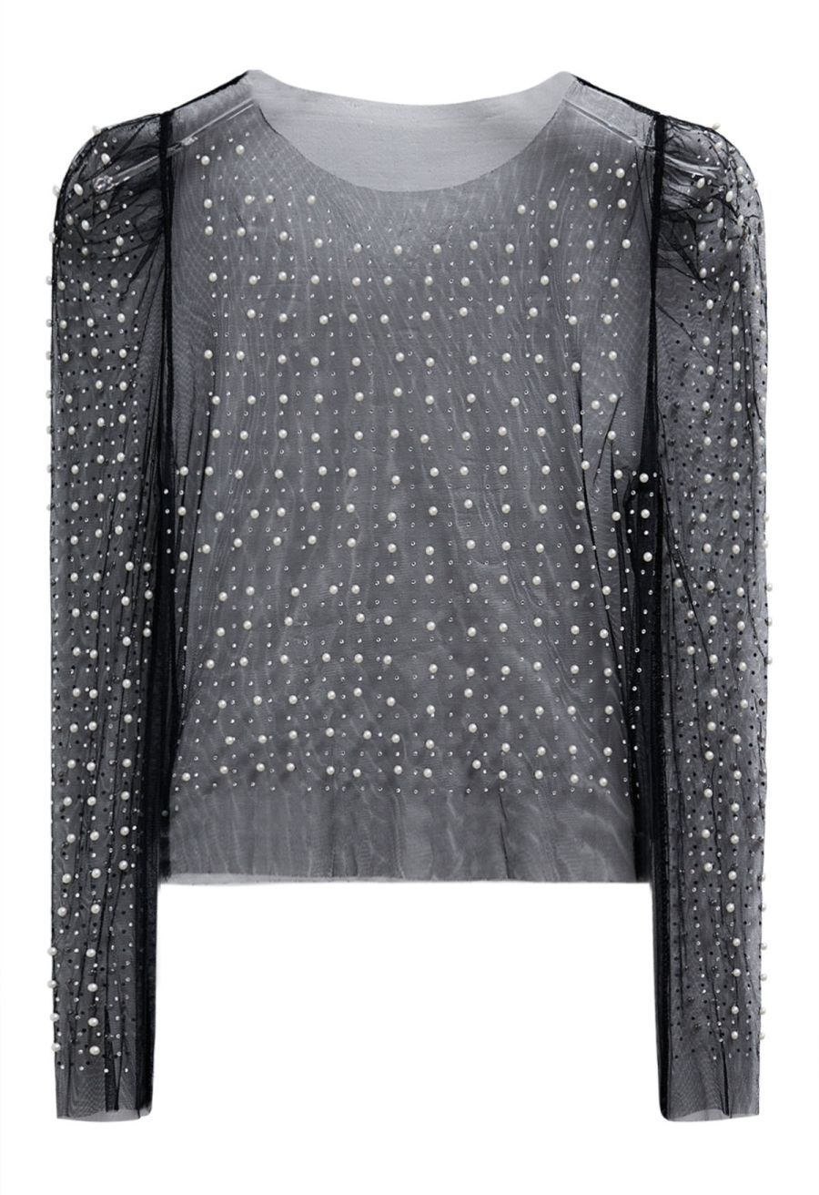 Puff Sleeve Pearl Embellished Sheer Mesh Crop Top in Black