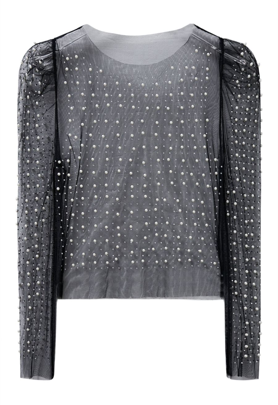 Puff Sleeve Pearl Embellished Sheer Mesh Crop Top in Black