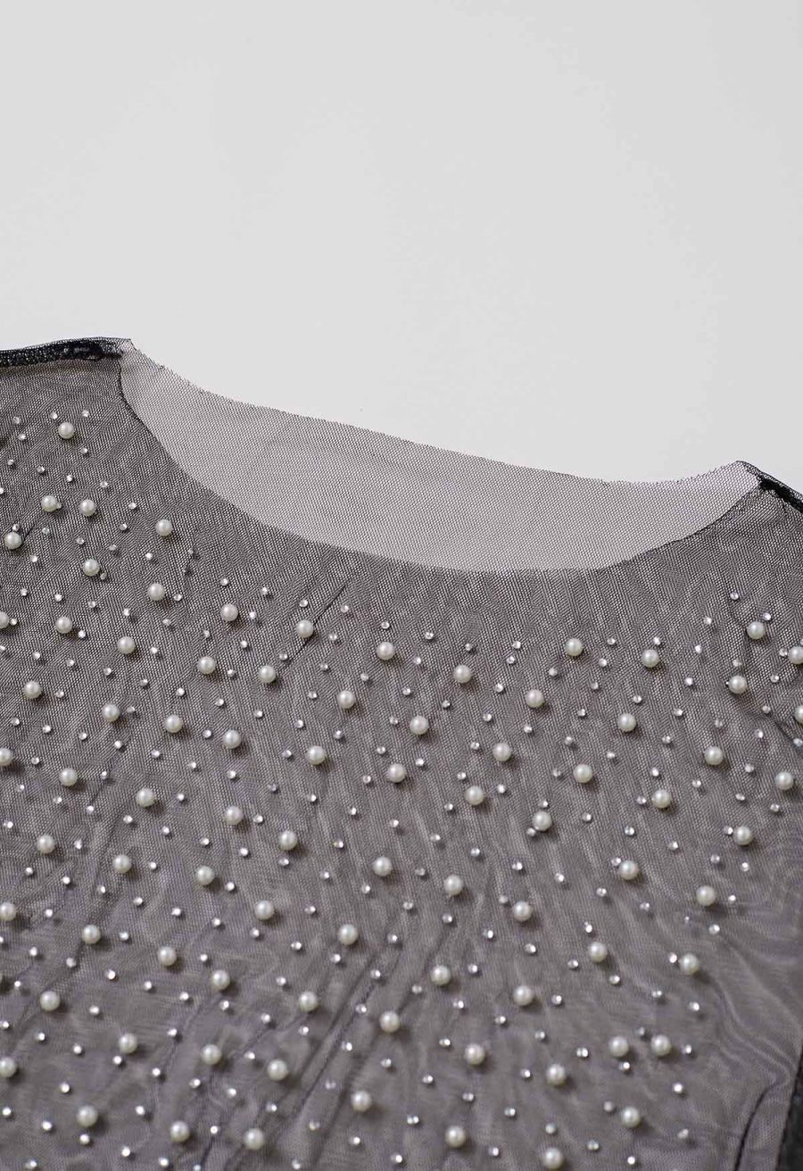 Puff Sleeve Pearl Embellished Sheer Mesh Crop Top in Black