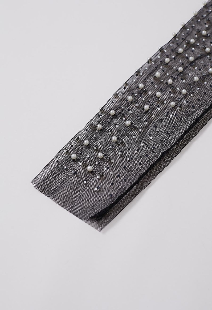 Puff Sleeve Pearl Embellished Sheer Mesh Crop Top in Black