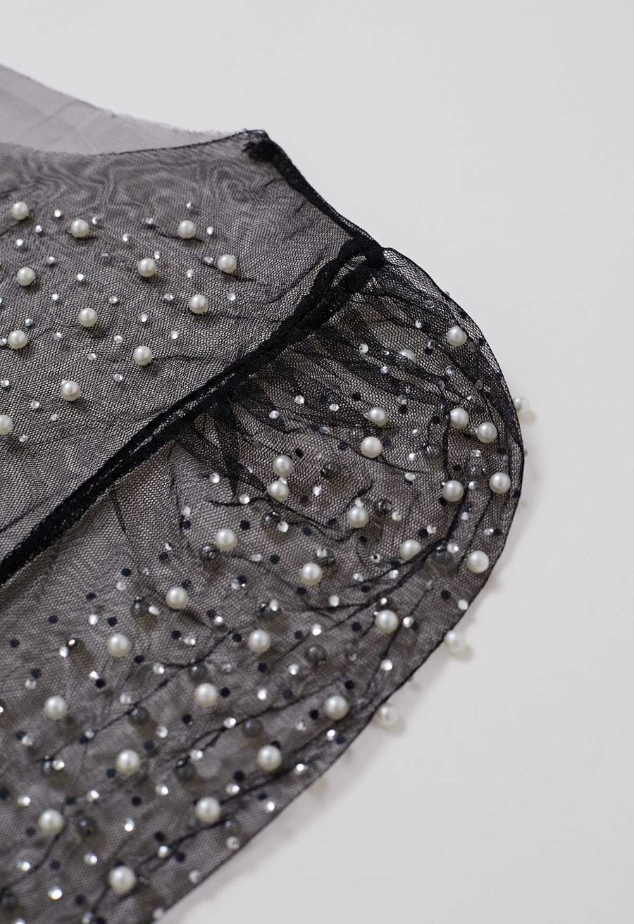 Puff Sleeve Pearl Embellished Sheer Mesh Crop Top in Black