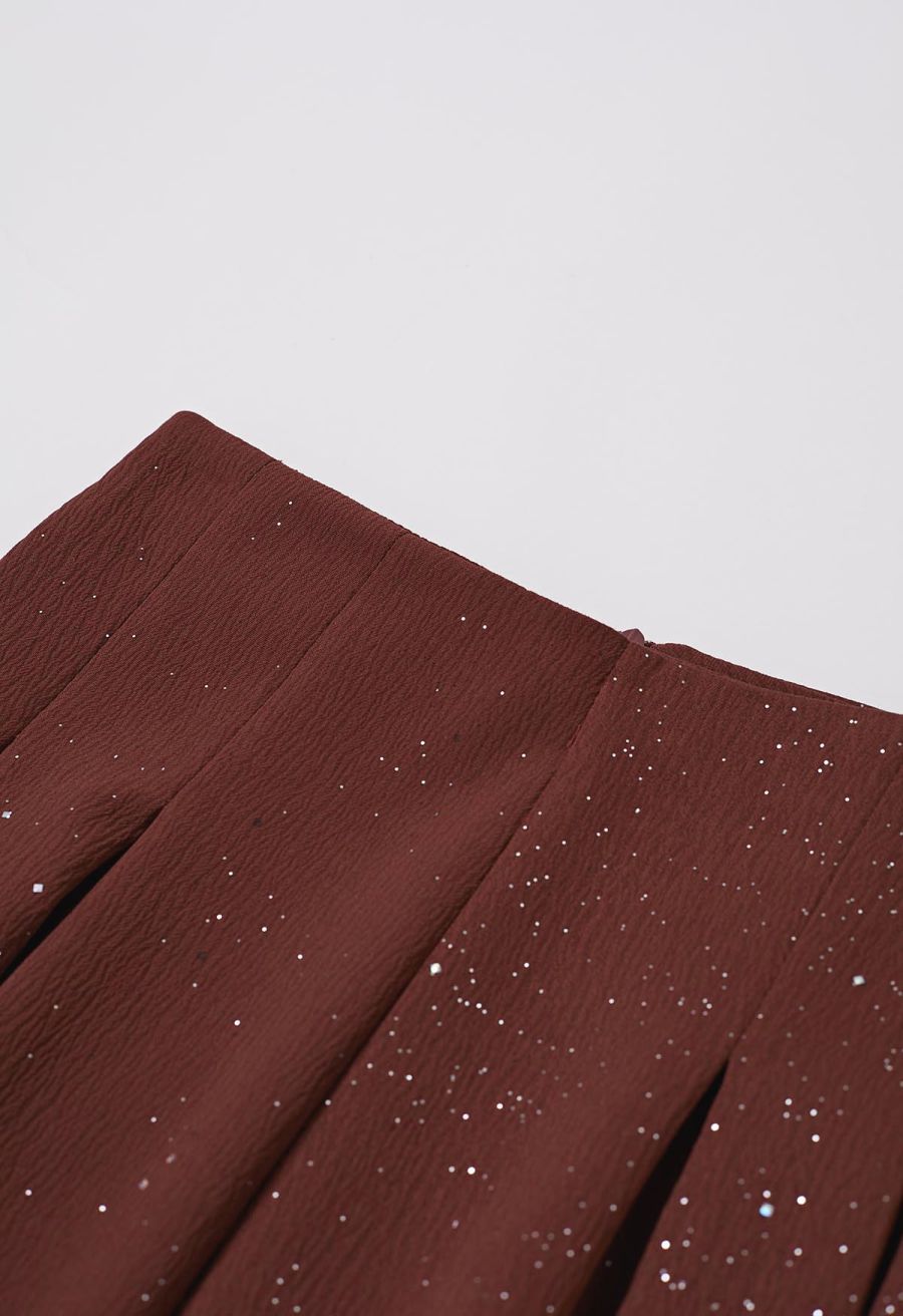 Sequins Embellished Pleats Wide-Leg Pants in Burgundy