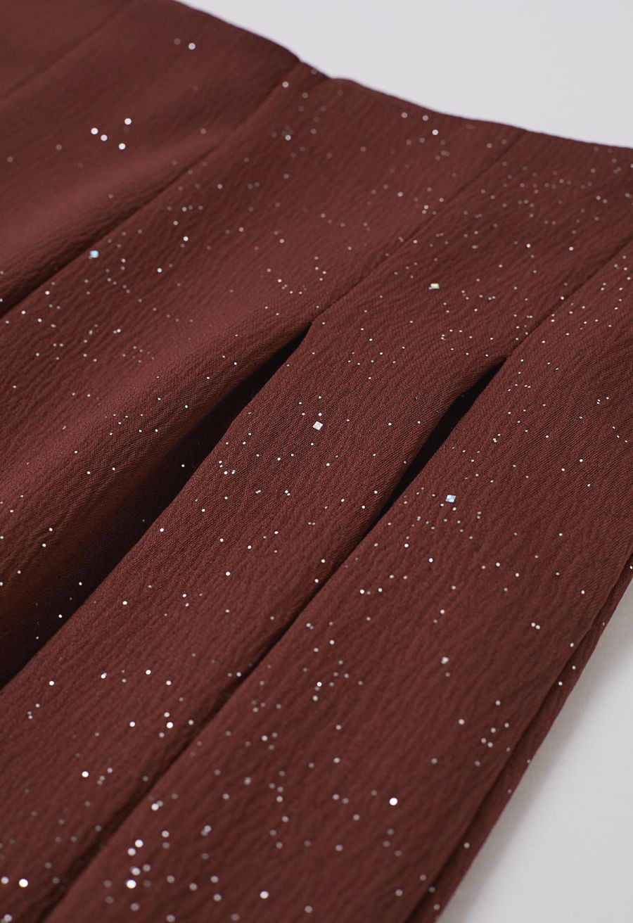 Sequins Embellished Pleats Wide-Leg Pants in Burgundy