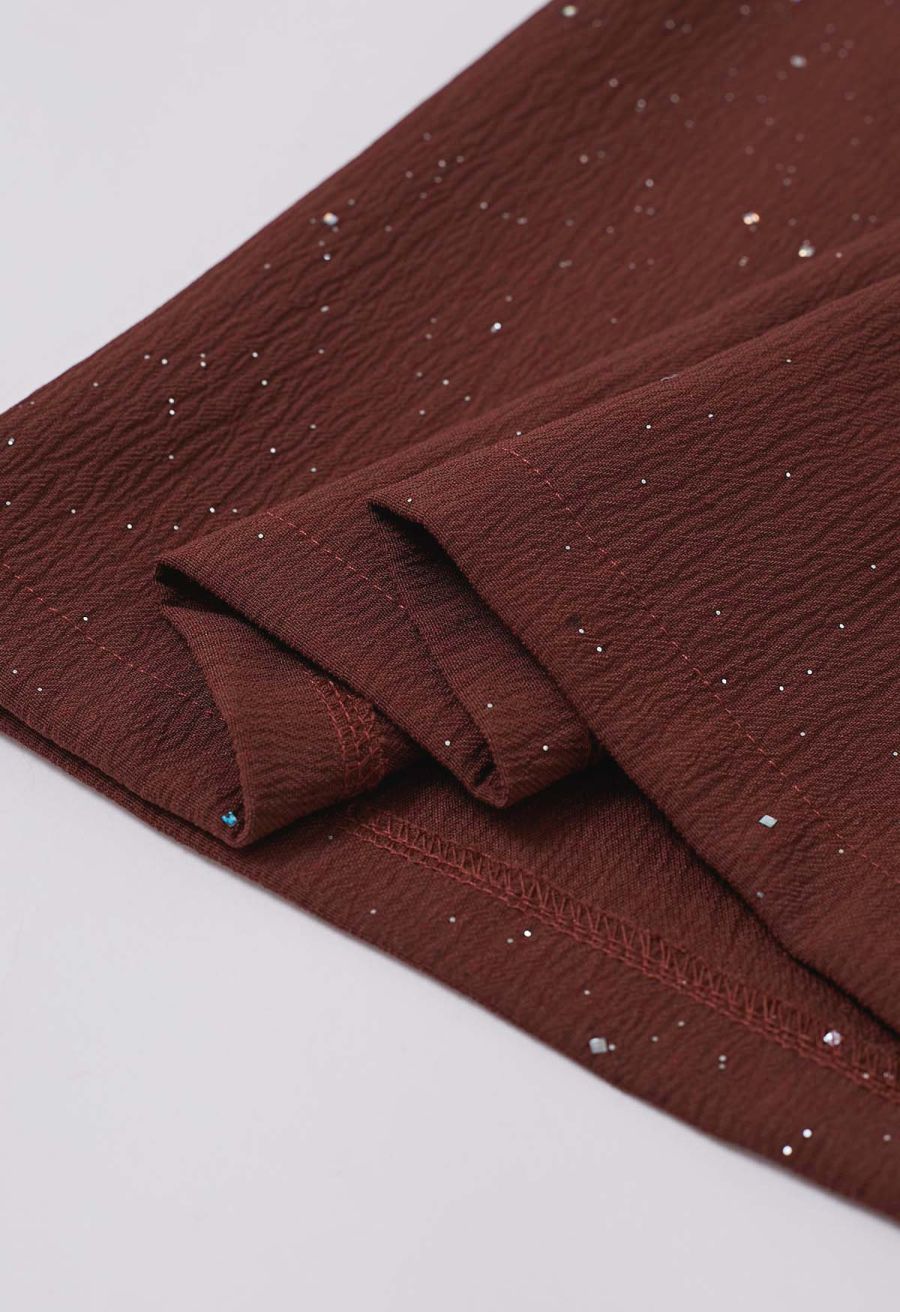 Sequins Embellished Pleats Wide-Leg Pants in Burgundy
