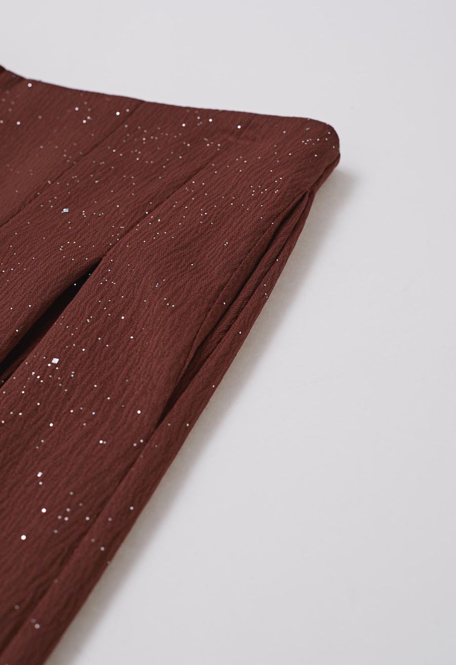Sequins Embellished Pleats Wide-Leg Pants in Burgundy