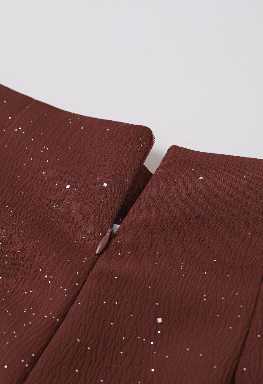 Sequins Embellished Pleats Wide-Leg Pants in Burgundy