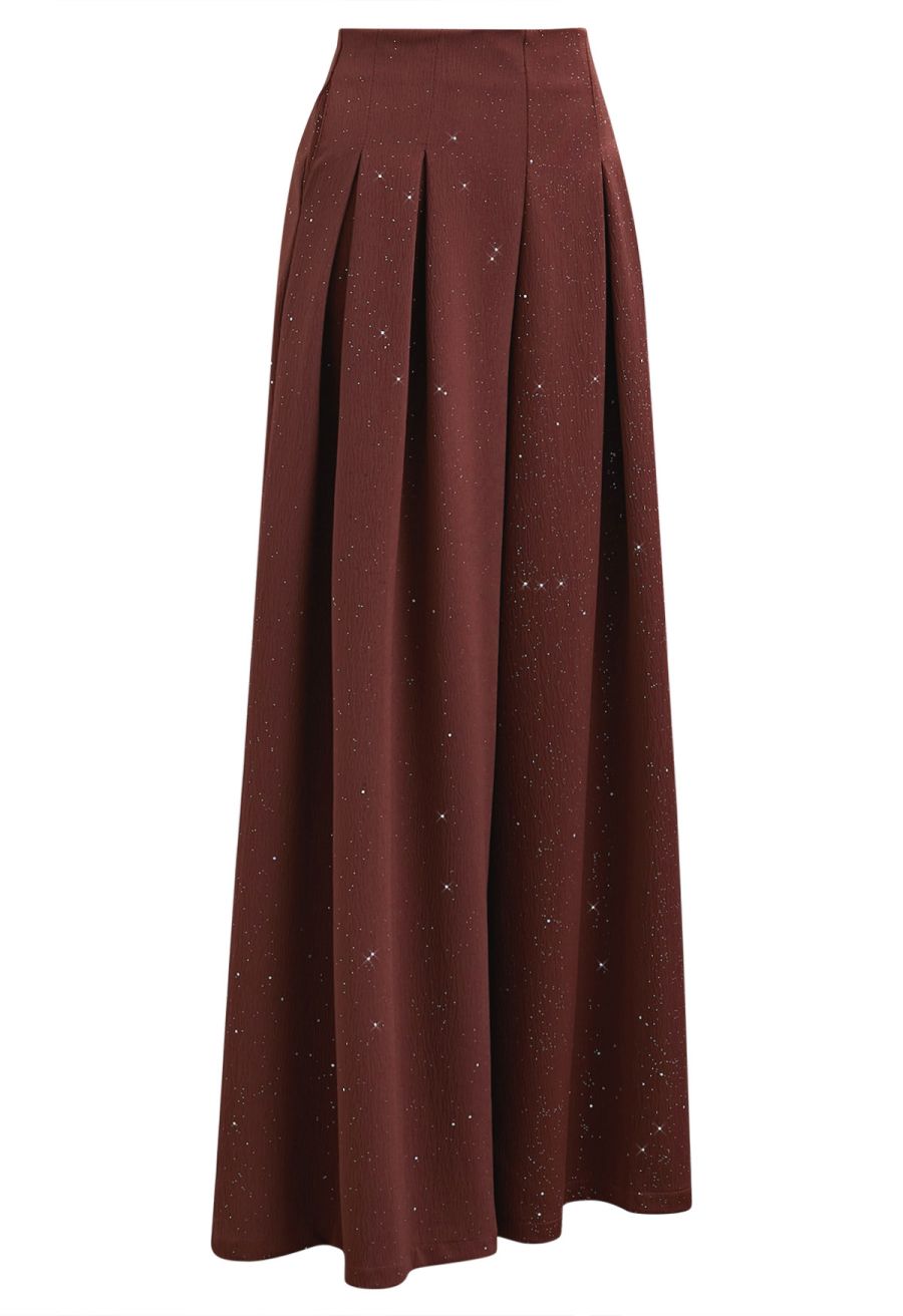 Sequins Embellished Pleats Wide-Leg Pants in Burgundy