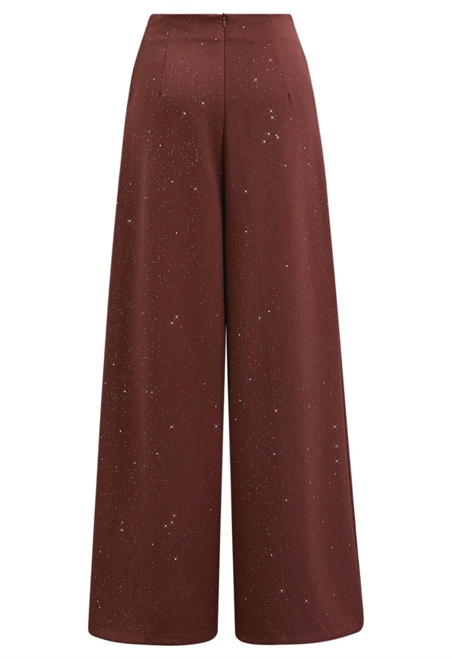Sequins Embellished Pleats Wide-Leg Pants in Burgundy